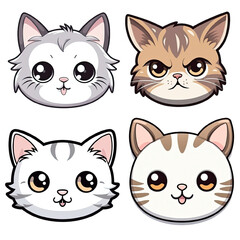 Collection of PNG. Cute cat face only cartoon, sticker simple isolated on a transparent background.