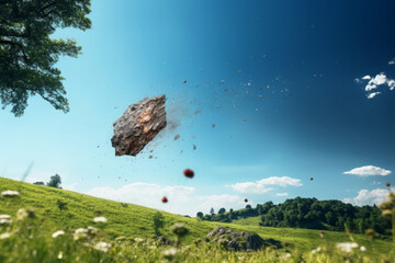 Fototapeta na wymiar Falling meteorite over meadow with green grass. Lawn at summer day with large glowing stone falling in sky. Threat from outer space