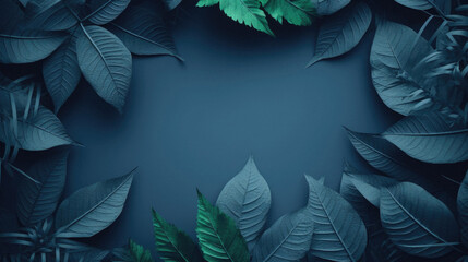 Tropical leaves frame on dark blue background with copy space. Minimal style .