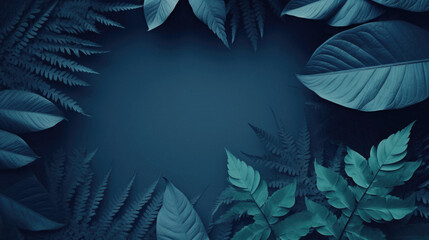 Tropical leaves background. Color of the year 2019 classic blue .