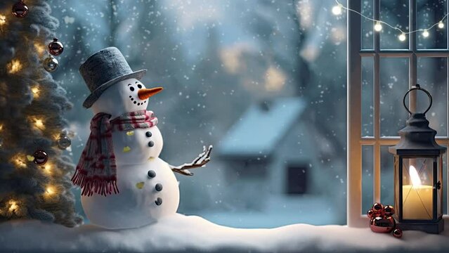 animated Christmas decoration with snowman Christmas lights at night with snowfall. Cartoon style. seamless looping time lapse video 4k animation background.