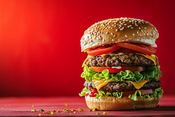 Tall hamburger on red counter table, with a red background,beef pork product presentation.