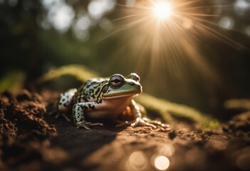 Obraz premium A frog sits in the dirt, surrounded by a patch of green grass in the morning