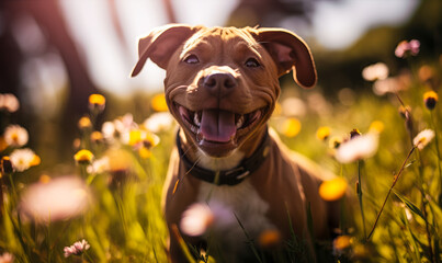 Joyful Brown Puppy Enjoying Sunshine and Flowers in a Lush Green Meadow