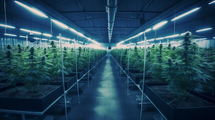 Growing cannabis in a greenhouse. Rows of flowering plants
