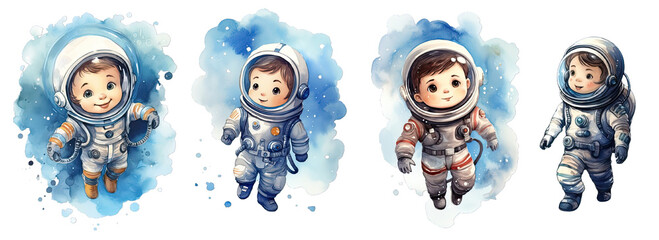 Collection of PNG. Little astronaut floating in deep space wearing a full cosmonaut suit, watercolor illustration. Character for children's illustration book isolated on a transparent background. - obrazy, fototapety, plakaty