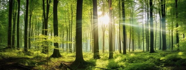 Fototapeta na wymiar Beautiful spring forest panorama with sunbeams and lens flares