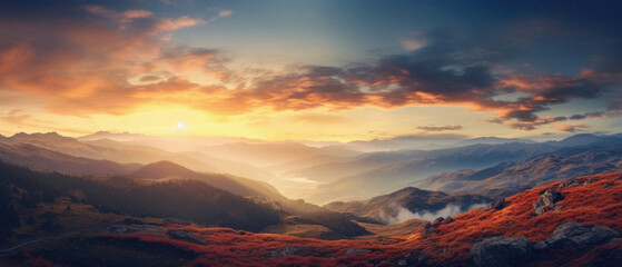 Fantastic sunset in the mountains. Panoramic view . - obrazy, fototapety, plakaty