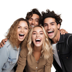 Group of happy and fun friends taking selfies on transparent background PNG