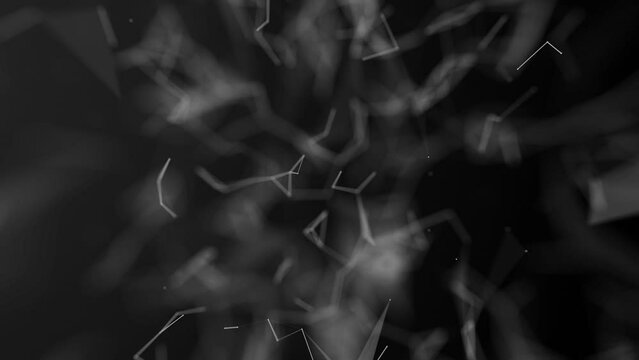 Chemical, technological entanglements of white nanoparticles. The chaotic movement of points creates a network connection. Black and white plexus effect. Background teaser in two parts. looping, 4k.