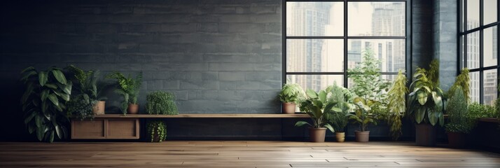 Modern loft room with wooden floor and large windows