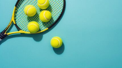 Tennis racket and balls on blue background. Top view with copy space