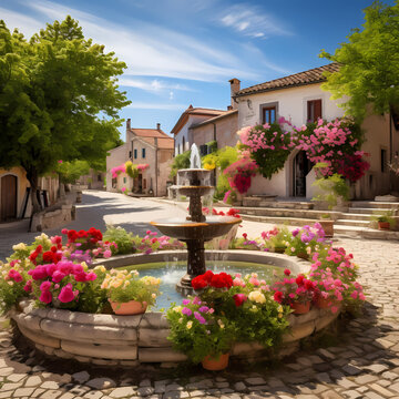 Village square adorned with vibrant flowers surrounding a central fountain