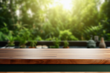 Empty wooden deck table on the blurred summer garden background. Lush greenery and sunset light backdrop for mockup and promotion design.