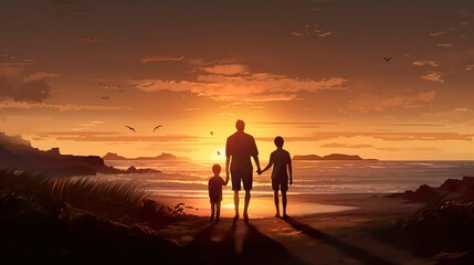 Fototapeta na wymiar Father and son walking on beach. 