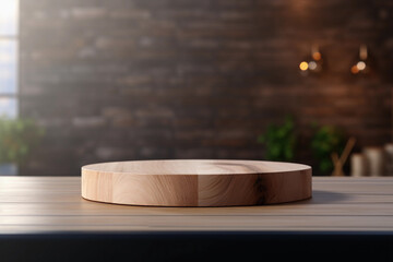 A circular wooden podium on blurred wall in the kitchen for product presentations. Empty rustic display. Platform to showcase products or items in a stylish and contemporary setting. - obrazy, fototapety, plakaty