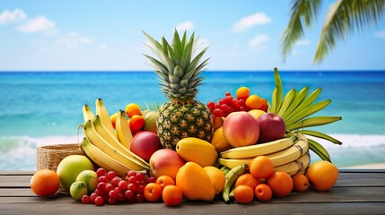 Fresh Fruits on the beach at a deck in front of an island with a palm. Assorted tropical fruits, orange, pineapple, lime, mango, banana.