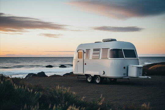 modern white camper trailer in nature in summer on the seashore. Vacation in venlife style