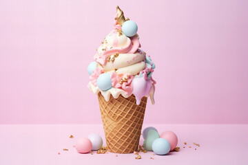 Easter themed ice cream in a cone on a pastel background with Easter eggs, pastel pink and gold...