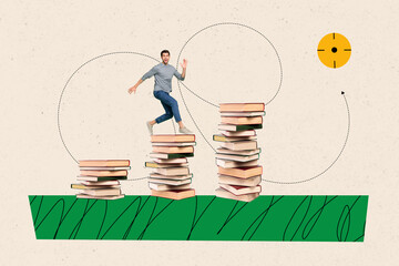 3d abstract creative artwork template collage of funny man run stairs target books weird freak bizarre unusual fantasy billboard comics