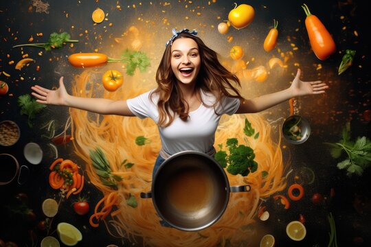 Beautiful positive girl prepares a delicious, healthy dish