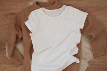 White cotton T-shirt and sweater mockup. Woman shirt mock ups. Blank clothes template mock up. Flat lay styled stock photo.