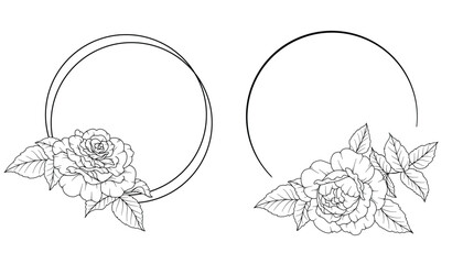 Rose Line Drawing. Black and white Floral Frames. Floral Line Art. Fine Line Rose flower illustration. Hand Drawn Outline flowers. Botanical Coloring Page. Wedding invitation flowers