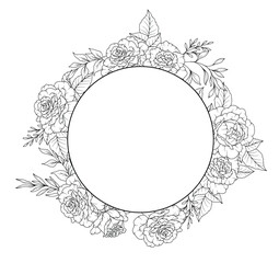 Rose Line Drawing. Black and white Floral Frames. Floral Line Art. Fine Line Rose flower illustration. Hand Drawn Outline flowers. Botanical Coloring Page. Wedding invitation flowers