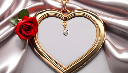 Shiny 3D golden heart frame with red rose on white taffeta velvet - Powered by Adobe