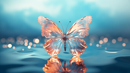 Beautiful butterfly made of transparent glass over the surface of water with reflection and bokeh effect. 