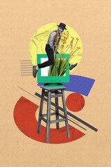 Collage 3d image pop retro sketch of funny gentleman monitor tv show old computer chair retro weird bizarre unusual fantasy billboard