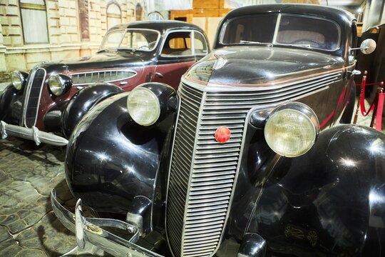 Saint Petersburg, Russia - June 03, 2021: The famous Lenfilm Film Studio. An exposition of vintage cars for filming in motion pictures.