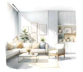 home interior design with  minimal detail  on a white background  illustrations with watercolor style - 698094575