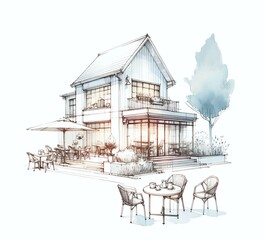 cafe of architecture model design illustration in watercolor - 698094581