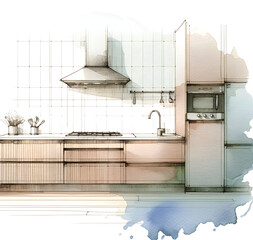 line sketch of kitchen illustration in watercolor - 698094586