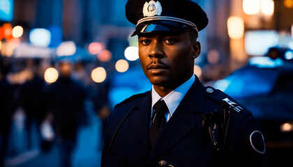 Portrait of an African American police man at work in a crowded street at night.