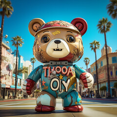 teddy bear art toy in the city los angeles the tourist Generative AI