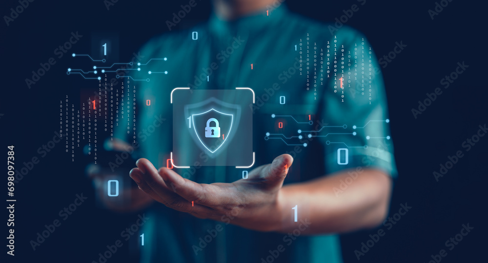 Poster Businessman protecting personal data on smartphone, virtual screen interfaces. cyber security. Cybersecurity and privacy concepts to protect data. Lock icon and internet network security technology.