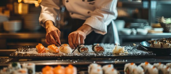Asian chef in restaurant kitchen making fresh sushi with salmon.