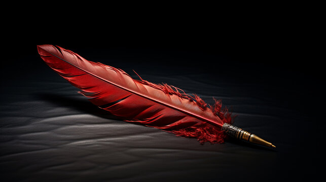 beautiful red quill with metal tip for writing ink on dark gray background