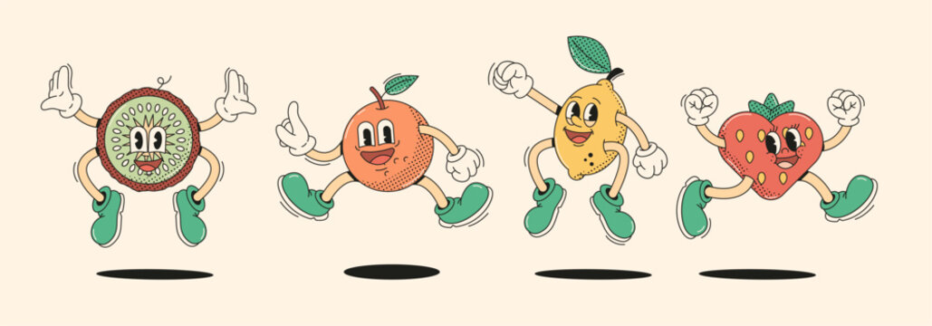 Naklejki Jumping fruits and strawberry characters in retro cartoon style vector illustration set. Tropical garden harvest vintage animation design