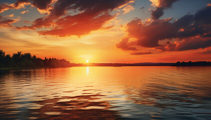 Fototapeta na wymiar bright sunlight, glare at sunset over the lake