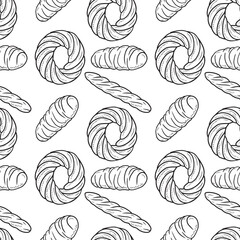 Seamless pattern with bakery products bread and ring shape pastry bun. Hand drawn vector sketch illustration in doodle engraved outline line art style. Wrapping paper, gift, cafe, menu.