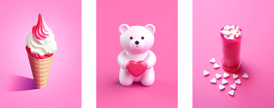 Happy valentine&rsquo;s day posters on bright pink background color, 3d isometric style, greeting cards with ice cream, teddy bear, drage