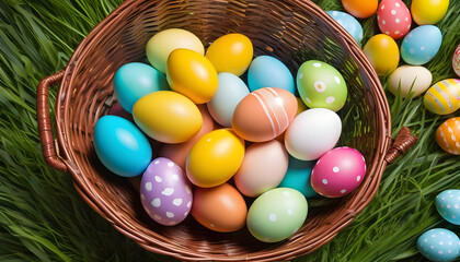 Fototapeta na wymiar Decorated Colorful Easter Eggs in a basket 