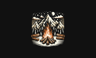 campfire on forest and mount snow vector artwork design - obrazy, fototapety, plakaty