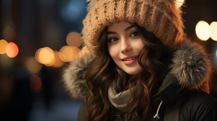 The joys of winter, the smiles of beautiful women shining in the urban atmosphere, bright young women enjoying the lights, fashionable hats and warm smiles,  Generative AI - obrazy, fototapety, plakaty