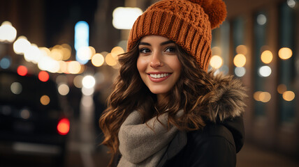 The joys of winter, the smiles of beautiful women shining in the urban atmosphere, bright young women enjoying the lights, fashionable hats and warm smiles,  Generative AI