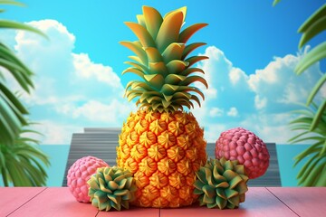Pineapple with vibrant backdrop, rendered in 3D. Generative AI