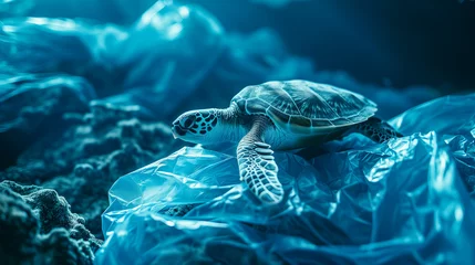 Keuken spatwand met foto World turtle day and Ocean environmental day. Turtle with plastic in the water .Save sea plastic pollution.Climate change, Environmental CSR. copy space © ALL YOU NEED studio